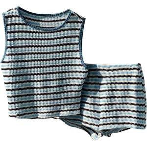 image:imageMakeMeChic Womens 2 Piece Striped Sets Two Piece Vacation Going Out Outfit Crop Tank Top and Mini Shorts SetsLight Blue