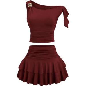 image:imageMakeMeChic Womens 2 Piece Summer Outfits Brown Metal 3D Floral Asymmetrical Tops and Ruffle Tiered Mini Skirt SetsBurgundy