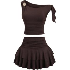 image:imageMakeMeChic Womens 2 Piece Summer Outfits Brown Metal 3D Floral Asymmetrical Tops and Ruffle Tiered Mini Skirt SetsCoffee Brown