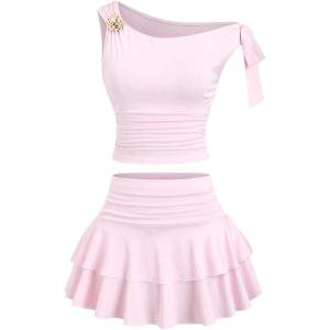 image:imageMakeMeChic Womens 2 Piece Summer Outfits Brown Metal 3D Floral Asymmetrical Tops and Ruffle Tiered Mini Skirt SetsPink