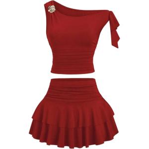 image:imageMakeMeChic Womens 2 Piece Summer Outfits Brown Metal 3D Floral Asymmetrical Tops and Ruffle Tiered Mini Skirt SetsRed