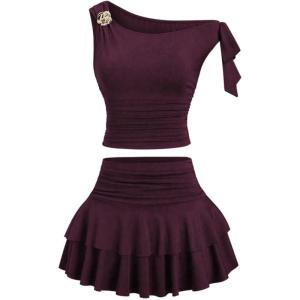 image:imageMakeMeChic Womens 2 Piece Summer Outfits Brown Metal 3D Floral Asymmetrical Tops and Ruffle Tiered Mini Skirt SetsRed Violet
