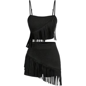 image:imageMakeMeChic Womens 2 Piece Summer Outfits Suede Fringe Sleeveless Cami Top and Shorts Cowgirl SetsBlack