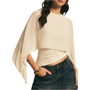 image:imageMakeMeChic Womens Asymmetrical Crop Tops Dressy Blouse Chiffon Mesh Sheer Summer Going Out TopsApricot