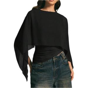image:imageMakeMeChic Womens Asymmetrical Crop Tops Dressy Blouse Chiffon Mesh Sheer Summer Going Out TopsBlack