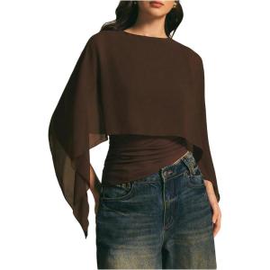 image:imageMakeMeChic Womens Asymmetrical Crop Tops Dressy Blouse Chiffon Mesh Sheer Summer Going Out TopsBrown