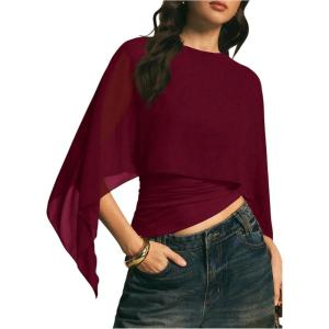 image:imageMakeMeChic Womens Asymmetrical Crop Tops Dressy Blouse Chiffon Mesh Sheer Summer Going Out TopsBurgundy