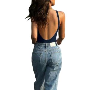 image:imageMakeMeChic Womens Backless Sleeveless Top Round Neck Bodysuit Summer Beach Tank TopsBlue