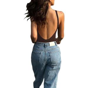 image:imageMakeMeChic Womens Backless Sleeveless Top Round Neck Bodysuit Summer Beach Tank TopsBrown