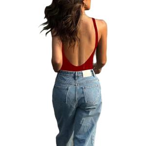 image:imageMakeMeChic Womens Backless Sleeveless Top Round Neck Bodysuit Summer Beach Tank TopsRed