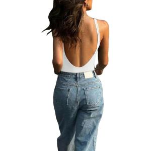 image:imageMakeMeChic Womens Backless Sleeveless Top Round Neck Bodysuit Summer Beach Tank TopsWhite