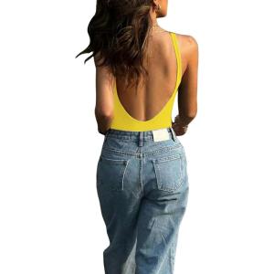 image:imageMakeMeChic Womens Backless Sleeveless Top Round Neck Bodysuit Summer Beach Tank TopsYellow