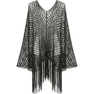 image:imageMakeMeChic Womens Boho Fringe Poncho Tops Crochet Hollow Out Tops Beach Swimsuit CoverupBlack