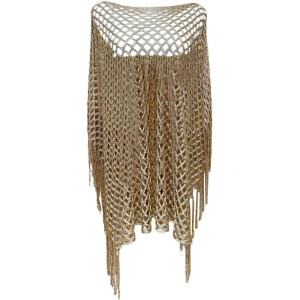 image:imageMakeMeChic Womens Boho Fringe Poncho Tops Crochet Hollow Out Tops Beach Swimsuit CoverupGold