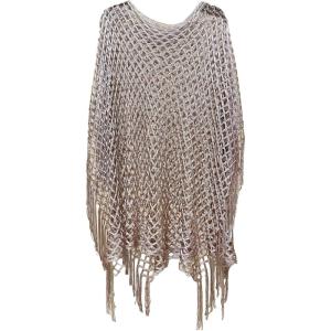 image:imageMakeMeChic Womens Boho Fringe Poncho Tops Crochet Hollow Out Tops Beach Swimsuit CoverupKhaki