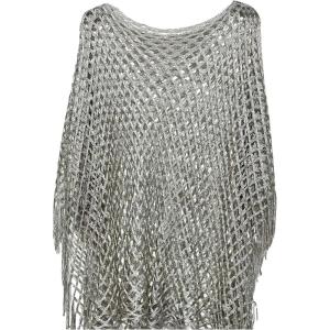 image:imageMakeMeChic Womens Boho Fringe Poncho Tops Crochet Hollow Out Tops Beach Swimsuit CoverupSilver