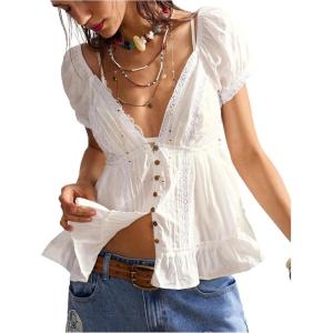 image:imageMakeMeChic Womens Boho Puff Sleeve Blouse Lace Trim Button Down Deep V Neck Casual Shirt Going Out TopWhite