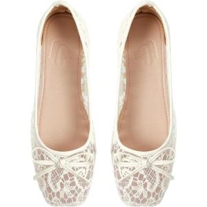 image:imageMakeMeChic Womens Bow Knot Polka Dots Flat Shoes Beaded Closed Toe PU Leather Spring Summer FlatsBeige