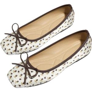 image:imageMakeMeChic Womens Bow Knot Polka Dots Flat Shoes Beaded Closed Toe PU Leather Spring Summer FlatsCoffee Brown