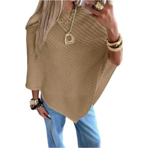 image:imageMakeMeChic Womens Cape Poncho Sweater Cloak Sleeve Boat Neck Asymmetrical Rib Knitted TopsKhaki
