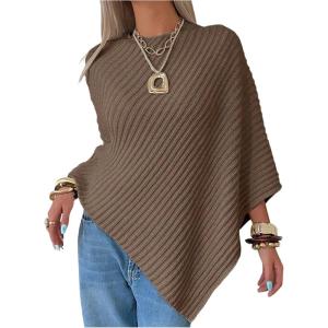 image:imageMakeMeChic Womens Cape Poncho Sweater Cloak Sleeve Boat Neck Asymmetrical Rib Knitted TopsMocha Brown