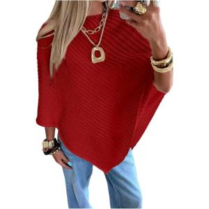 image:imageMakeMeChic Womens Cape Poncho Sweater Cloak Sleeve Boat Neck Asymmetrical Rib Knitted TopsRed