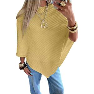 image:imageMakeMeChic Womens Cape Poncho Sweater Cloak Sleeve Boat Neck Asymmetrical Rib Knitted TopsYellow