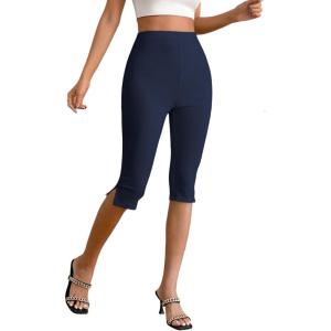 image:imageMakeMeChic Womens Capri Pants High Waist Leggings Soft Stretch Business Casual Yoga Dress PantsBlue