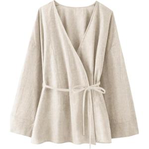 image:imageMakeMeChic Womens Casual Fall Linen Tops Wrap V Neck Belted Long Sleeve Blouse Office ShirtApricot