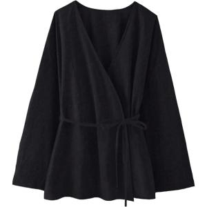image:imageMakeMeChic Womens Casual Fall Linen Tops Wrap V Neck Belted Long Sleeve Blouse Office ShirtBlack