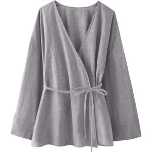 image:imageMakeMeChic Womens Casual Fall Linen Tops Wrap V Neck Belted Long Sleeve Blouse Office ShirtGrey