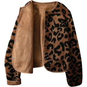 image:imageMakeMeChic Womens Cheetah Print Jackets Winter Faux Fur Coat Y2K Long Sleeve Button Down JacketsDeep Brown