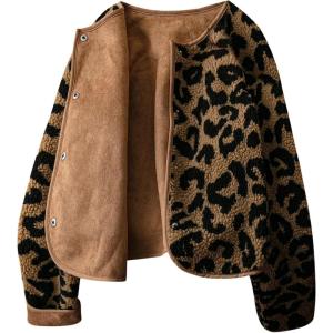 image:imageMakeMeChic Womens Cheetah Print Jackets Winter Faux Fur Coat Y2K Long Sleeve Button Down JacketsMulticolor