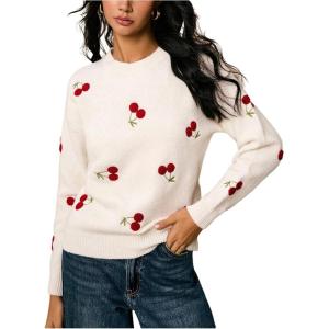 image:imageMakeMeChic Womens Cherry Embroidery Sweater Valentines Long Sleeve Knitted Winter PulloversBeige