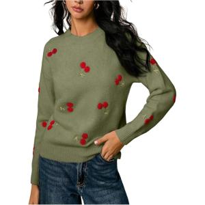 image:imageMakeMeChic Womens Cherry Embroidery Sweater Valentines Long Sleeve Knitted Winter PulloversGreen