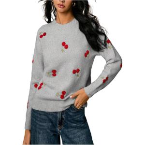 image:imageMakeMeChic Womens Cherry Embroidery Sweater Valentines Long Sleeve Knitted Winter PulloversGrey