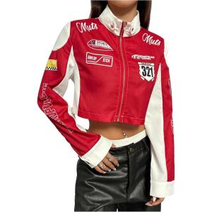 image:imageMakeMeChic Womens Colorblock Full Zip Jacket Long Sleeve Crop Racing Motorcycle JacketsRed