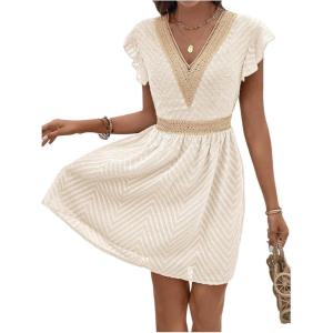 image:imageMakeMeChic Womens Contrast Lace Mini Dress Ruffle Sleeve V Neck Boho Beach Vacation Summer DressesApricot