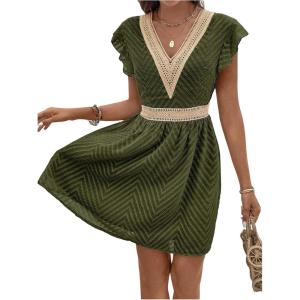 image:imageMakeMeChic Womens Contrast Lace Mini Dress Ruffle Sleeve V Neck Boho Beach Vacation Summer DressesArmy Green