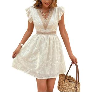 image:imageMakeMeChic Womens Contrast Lace Mini Dress Ruffle Sleeve V Neck Boho Beach Vacation Summer DressesBeige