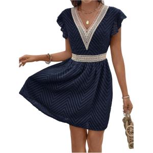 image:imageMakeMeChic Womens Contrast Lace Mini Dress Ruffle Sleeve V Neck Boho Beach Vacation Summer DressesBlue