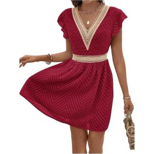 image:imageMakeMeChic Womens Contrast Lace Mini Dress Ruffle Sleeve V Neck Boho Beach Vacation Summer DressesBurgundy