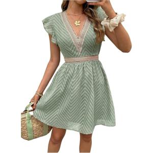 image:imageMakeMeChic Womens Contrast Lace Mini Dress Ruffle Sleeve V Neck Boho Beach Vacation Summer DressesGreen