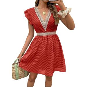 image:imageMakeMeChic Womens Contrast Lace Mini Dress Ruffle Sleeve V Neck Boho Beach Vacation Summer DressesRose Red