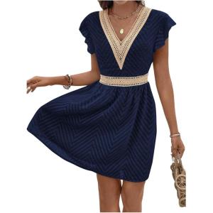 image:imageMakeMeChic Womens Contrast Lace Mini Dress Ruffle Sleeve V Neck Boho Beach Vacation Summer DressesRoyal Blue
