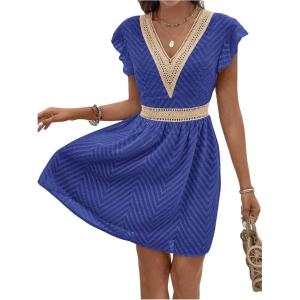 image:imageMakeMeChic Womens Contrast Lace Mini Dress Ruffle Sleeve V Neck Boho Beach Vacation Summer DressesTeal Blue