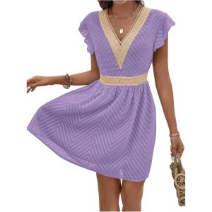 image:imageMakeMeChic Womens Contrast Lace Mini Dress Ruffle Sleeve V Neck Boho Beach Vacation Summer DressesViolet Purple