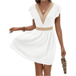 image:imageMakeMeChic Womens Contrast Lace Mini Dress Ruffle Sleeve V Neck Boho Beach Vacation Summer DressesWhite