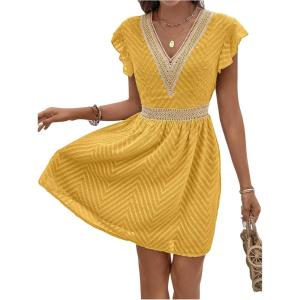 image:imageMakeMeChic Womens Contrast Lace Mini Dress Ruffle Sleeve V Neck Boho Beach Vacation Summer DressesYellow