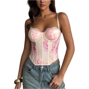 image:imageMakeMeChic Womens Corset Tops Crop Going Out Bustier Tops Floral Print Lace Sleeveless CamisolePink